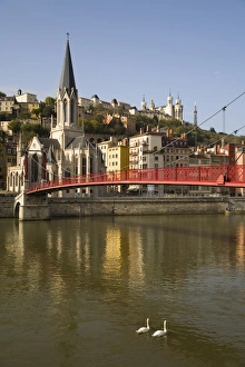 Passerelle St Georges foot bridge across River Saone, St George church, Lyon, France Passerelle St Georges foot bridge across River Saone, St George church, Lyon, France