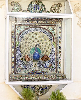 Peacock tile mosaic. City Palace. Shiw Nivas Palace. Udaipur Rajasthan. India Peacock tile mosaic. City Palace. Shiw Nivas Palace. Udaipur Rajasthan. India