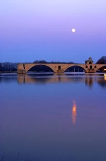 Benezet Gallery: The Pont St. Benezet bridge in Avignon on the Rhone at sunset with moon, Vaucluse