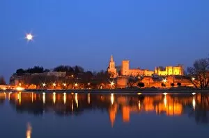 Benezet Gallery: Popes Palace in Avignon and the Rhone river at sunset with moon, Vaucluse, Rhone