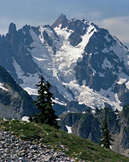 The Price Glacier plummets from the summit of Mount Shuksan in North Cascades National The Price Glacier plummets from the summit of Mount Shuksan in North Cascades National