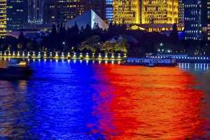 Pudong reflections Night Lights Huangpu River Cityscape Shanghai China Pudong reflections Night Lights Huangpu River Cityscape Shanghai China