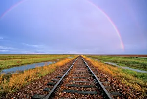 Fairfield Gallery: Rainbow over railroad tracks near Fairfield Montana