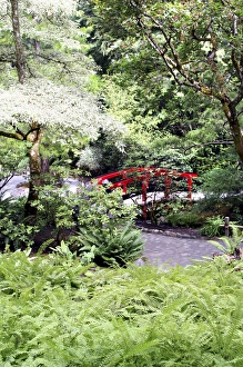 Red footbridge in Japanese Garden at Butchart Gardens Victoria British Columbia Canada Red footbridge in Japanese Garden at Butchart Gardens Victoria British Columbia Canada