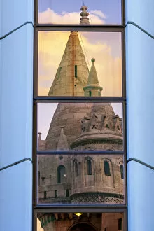 Buda Gallery: Reflection of Fishermans Bastion next to Matyas Church, Castle Hill