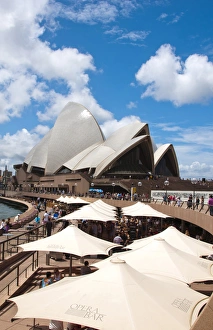 Restaurant and umbrellas in area of famous Sydney Opera House in harbour in New South Restaurant and umbrellas in area of famous Sydney Opera House in harbour in New South