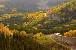 A road meanders through the brilliant fall colors of the San Juan Mountains of Colorado A road meanders through the brilliant fall colors of the San Juan Mountains of Colorado
