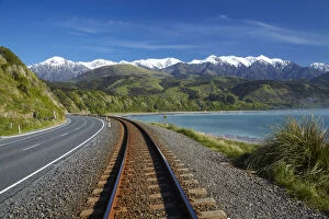Railroad Gallery: Road, railway, and Seaward Kaikoura Ranges, Mangamaunu, near Kaikoura, Marlborough