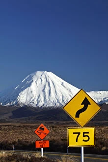 Road signs on Desert Road and Mt. Ngauruhoe, Tongariro National Park, Central Plateau