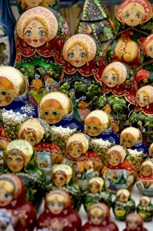 Russia, Moscow. Typical Russian handicrafts, matryoshka dolls Russia, Moscow. Typical Russian handicrafts, matryoshka dolls