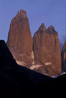 Images Dated 16th June 2004: SA, Chile, Torres del Paine National Park. Morning light on Torre Sur and Torre Central