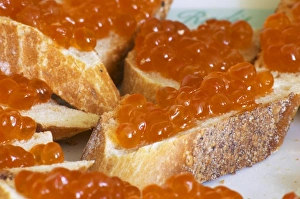 Salmon eggs on a piece of bread Caviar et Prestige Saint Sulpice et Cameyrac Entre-deux-Mers Salmon eggs on a piece of bread Caviar et Prestige Saint Sulpice et Cameyrac Entre-deux-Mers