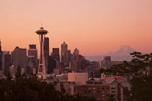 Seattle, Washington State. Skyline at night from Queen Annes Hill with Space Needle