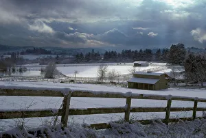 Shaft of light hits the snow-covered rural pasture with horses and barns near Lake Oswego Shaft of light hits the snow-covered rural pasture with horses and barns near Lake Oswego