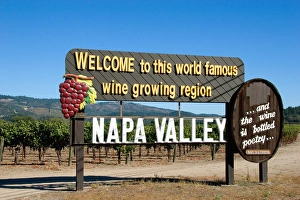 A sign welcoming you to Napa Valley famous for its wine growing region, California A sign welcoming you to Napa Valley famous for its wine growing region, California