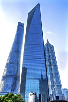Three skyscrapers reflections, Lujiazui, Financial District, Shanghai, China Three skyscrapers reflections, Lujiazui, Financial District, Shanghai, China