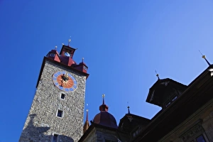 Skyward view Town Hall clock tower, built in Italian Renaissance style, Lucerne Skyward view Town Hall clock tower, built in Italian Renaissance style, Lucerne