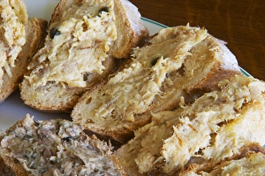 Slices of bread with preparations from sturgeon: pate with green pepper, pate with Slices of bread with preparations from sturgeon: pate with green pepper, pate with