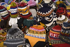South America, Ecuador, Saquisili, hats on display at weekly food and crafts market South America, Ecuador, Saquisili, hats on display at weekly food and crafts market
