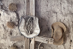 South America, Mexico, Mineral de Pozos. Old hats hang on wall South America, Mexico, Mineral de Pozos. Old hats hang on wall