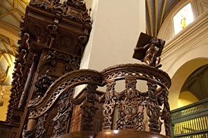 South America, Peru, Lima, Historic Centre. Carved wooden pulpit in the Basilica Cathedral South America, Peru, Lima, Historic Centre. Carved wooden pulpit in the Basilica Cathedral