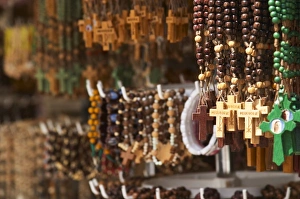 Souvenirs for pilgrims, rosary beads, with crosses with the name Medugorje, near Mostar Souvenirs for pilgrims, rosary beads, with crosses with the name Medugorje, near Mostar