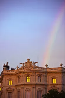 Images Dated 6th November 2011: Spain, Madrid, Plaza de Cibeles, view along Calle de Alcala, rainbow at sunset