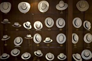 Store display of traditional Panama Hats made of straw from toquilla plant, Cuenca Store display of traditional Panama Hats made of straw from toquilla plant, Cuenca