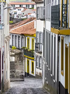 Streets of the old town with the famous facades. Capital Angra do Heroismo historic