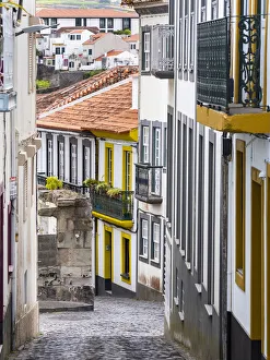 Streets of the old town with the famous facades. Capital Angra do Heroismo historic Streets of the old town with the famous facades. Capital Angra do Heroismo historic