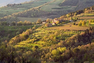 Sunlight touches the stone buildings of a farm on the rolling hills near the rural Sunlight touches the stone buildings of a farm on the rolling hills near the rural