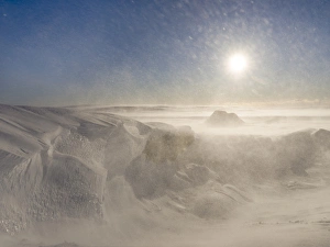 Vatnajokull National Park Gallery: Sunrise and storm on the Breidamerkurjoekull a glacier of the Vatnajoekull NP during winter