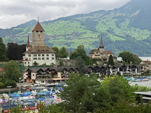Switzerland, Bern Canton, Spiez, view of town and Spiez Bay Switzerland, Bern Canton, Spiez, view of town and Spiez Bay