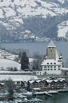 Images Dated 20th February 2005: SWITZERLAND-Bern-SPIEZ: Town Castle (13th century) & Lake Thun / Winter