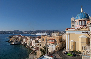 Syros Greece Islands in the Hermoupolis capital white buildings with church St Nicholas Syros Greece Islands in the Hermoupolis capital white buildings with church St Nicholas