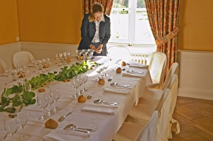 The table set for lunch and wine tasting for visitors and a watress at a sunny window The table set for lunch and wine tasting for visitors and a watress at a sunny window