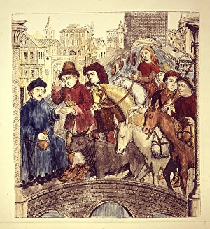 Toll paying on passing a bridge, 15th cent. FRANCE Toll paying on passing a bridge, 15th cent. FRANCE
