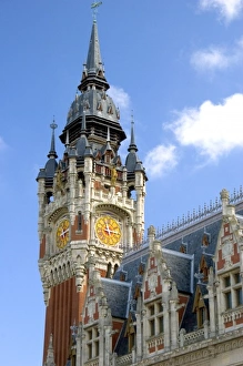 The tower atop the Hotel de Ville at Calais in the department of Pas-de-Calais, France The tower atop the Hotel de Ville at Calais in the department of Pas-de-Calais, France