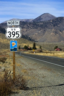 An upward view of a Highway 395 North sign post including a California Scenic Highway An upward view of a Highway 395 North sign post including a California Scenic Highway