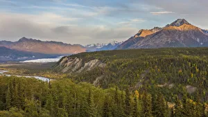 USA, Alaska. Fall colors in the Matanuska River Valley with the Matanuska Glacier in USA, Alaska. Fall colors in the Matanuska River Valley with the Matanuska Glacier in