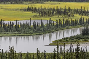 USA, Alaska, Nenana River Valley. Landscape of valley, river, and pond. Credit as