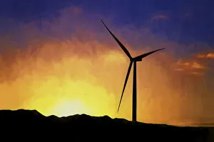 Jean Carter Gallery: USA, California, Ocotillo Wind Energy Facility. Silhouette of wind turbine at sunset