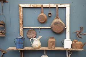USA, California. Old pots, pans and water pitchers. (PR) USA, California. Old pots, pans and water pitchers. (PR)