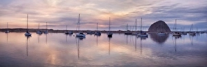 USA, California, Panoramic view of sailboats moored in Morro Bay at sunset USA, California, Panoramic view of sailboats moored in Morro Bay at sunset