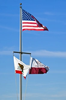 USA, California, San Diego, Chula Vista. Federal, state, and local flags fly on flagpole USA, California, San Diego, Chula Vista. Federal, state, and local flags fly on flagpole