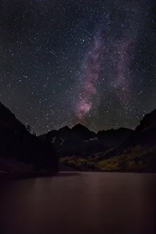 USA, Colorado. The Milky Way above Maroon Bells mountains and lake USA, Colorado. The Milky Way above Maroon Bells mountains and lake