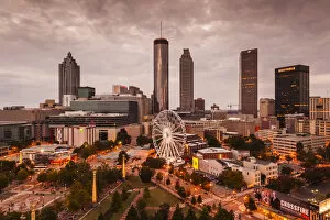 Atlanta Gallery: USA, Georgia, Atlanta, Centenial Olympic Park, elevated city view with ferris wheel, dusk