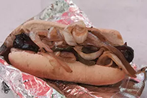 Images Dated 12th August 2009: USA, Indiana, Indianapolis. Close-up of Polish sausage and onions at the Indiana State Fair
