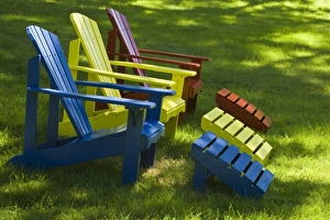 USA, Maine. Adirondack chairs on lawn, Mount Desert Island USA, Maine. Adirondack chairs on lawn, Mount Desert Island