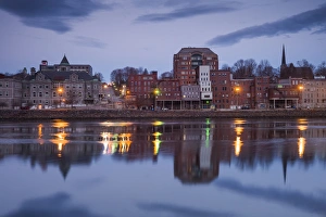 USA, Maine, Augusta, town view along Kennebec River, dawn USA, Maine, Augusta, town view along Kennebec River, dawn